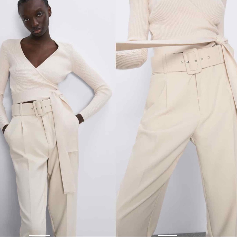 ZARA Belted High Waist pants ACRU color